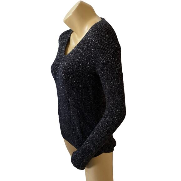 ANA Womens Size XS Black Sparkly Gold Long Sleeve Pullover V Neck Sweater - Picture 4 of 8